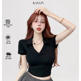  Áo thun crop tay ngắn nữ  áo thun có cổ Polo cá tính chất thun gân ôm tôn dáng JNA_P001 