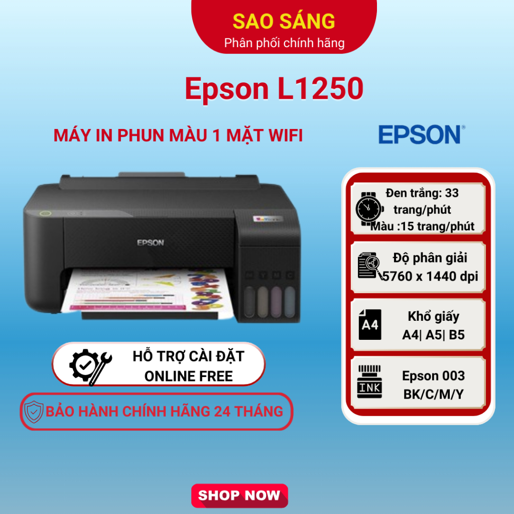 Máy In Phun Màu Đơn Năng Epson EcoTank L1250 - WIFI (Bao Gồm Bộ Mực Chính Hãng Đi Kèm)
