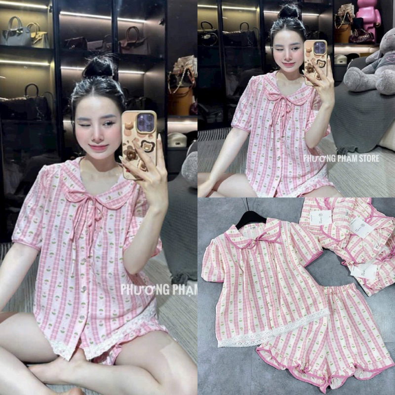 Set Bộ Ngủ Pijama Nữ , Set Bộ Ngủ Hình Lá Xanh