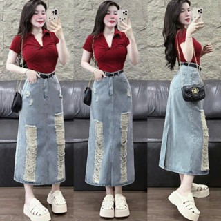  Set váy thời trang nữ chất áo thun tay ngắn cổ sơmi Phối chân váy jeans quảng châu dáng chữ A dài sang chảnh 