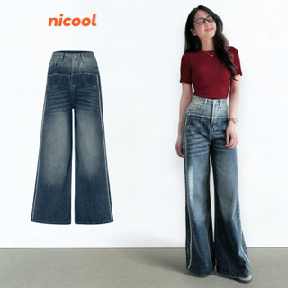  Quần Jean Nữ Ống Suông Rộng NICOOL Lưng Cao Tôn Dáng Quần Bò Nữ Denim Nhấn Tua Rua Wash N41-Q62 