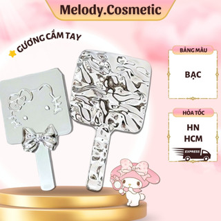  Gương Cầm Tay Hellokitty Bạc MELODY.COSMETIC Hình Vuông Hoạ Tiết Sóng Nước Gương Trang Điểm Sang Chảnh Tiện Lợi C535 