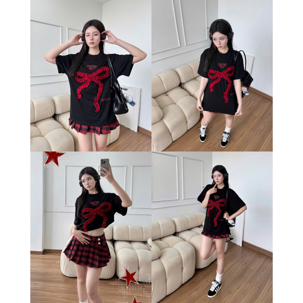 Áo thun Nơ OKAY Killsystem oversize hình nơ nổi may nhún chất cotton | BigBuy360 - bigbuy360.vn