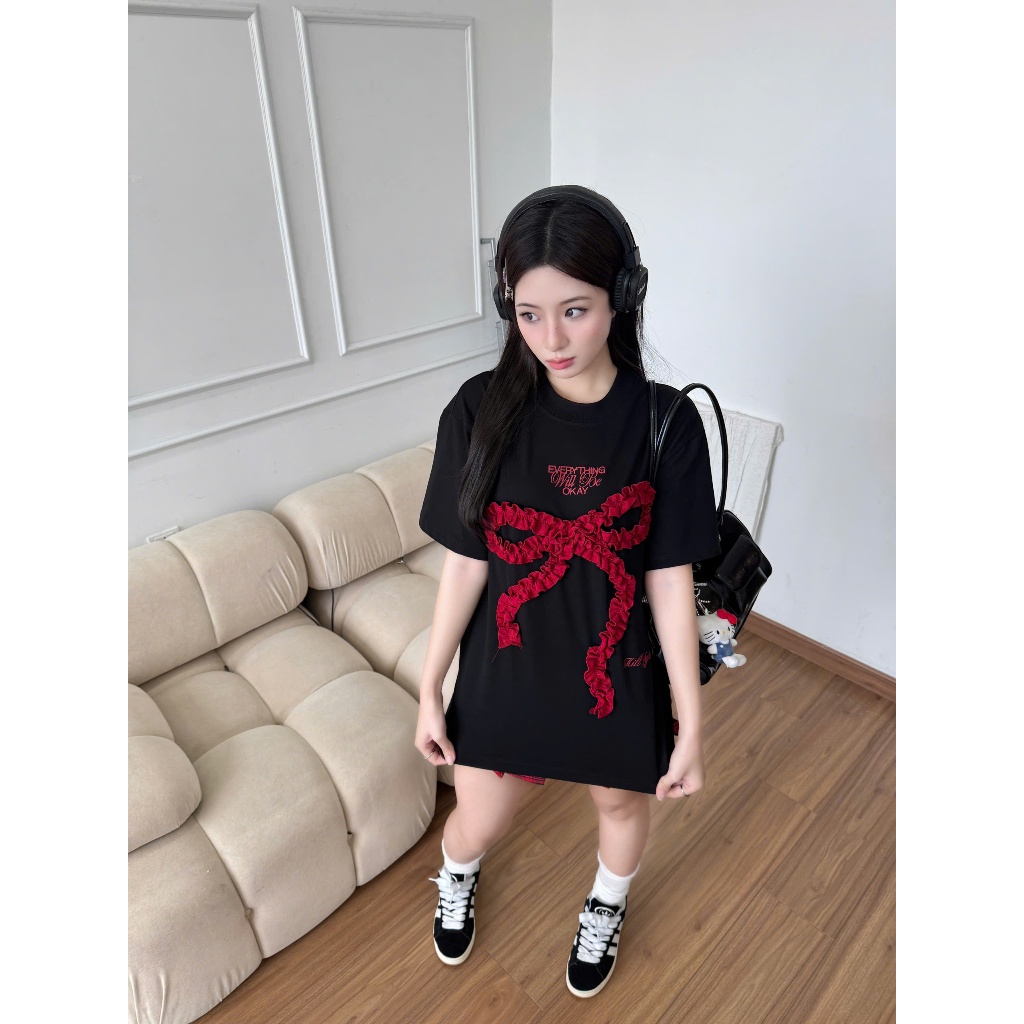 Áo thun Nơ OKAY Killsystem oversize hình nơ nổi may nhún chất cotton | BigBuy360 - bigbuy360.vn