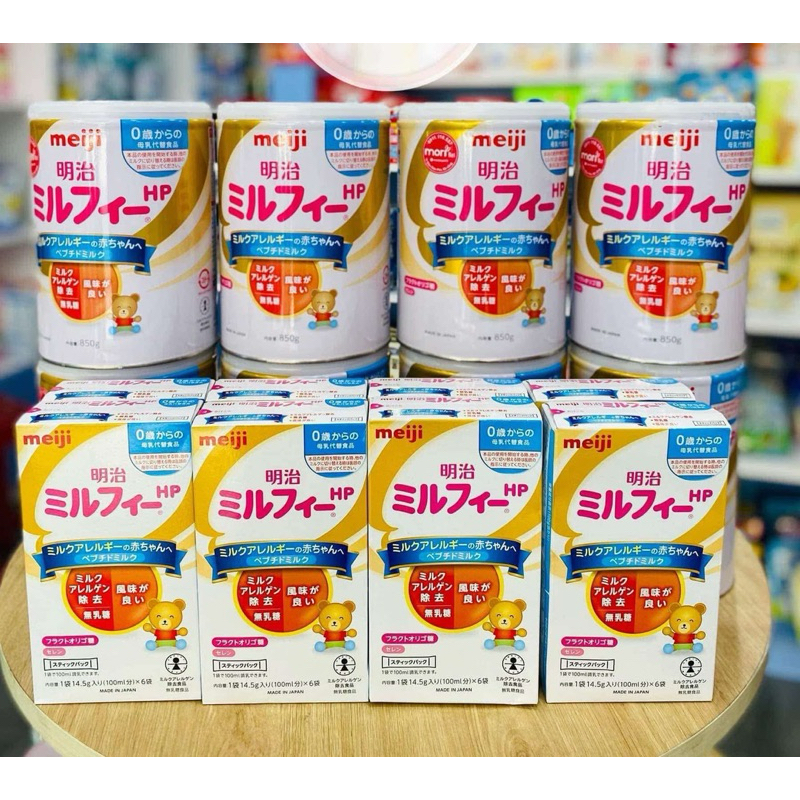 Sữa Meiji HP dạng thanh 14,5g x 6 thanh và lon 850g Date 2/2027