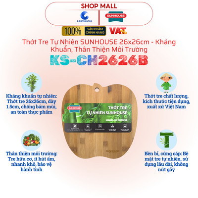 [HỎA TỐC] Thớt tre tự nhiên SUNHOUSE KS-CH2626B - Kích thước 26 x 26cm - Kháng khuẩn - Hàng chính hãng