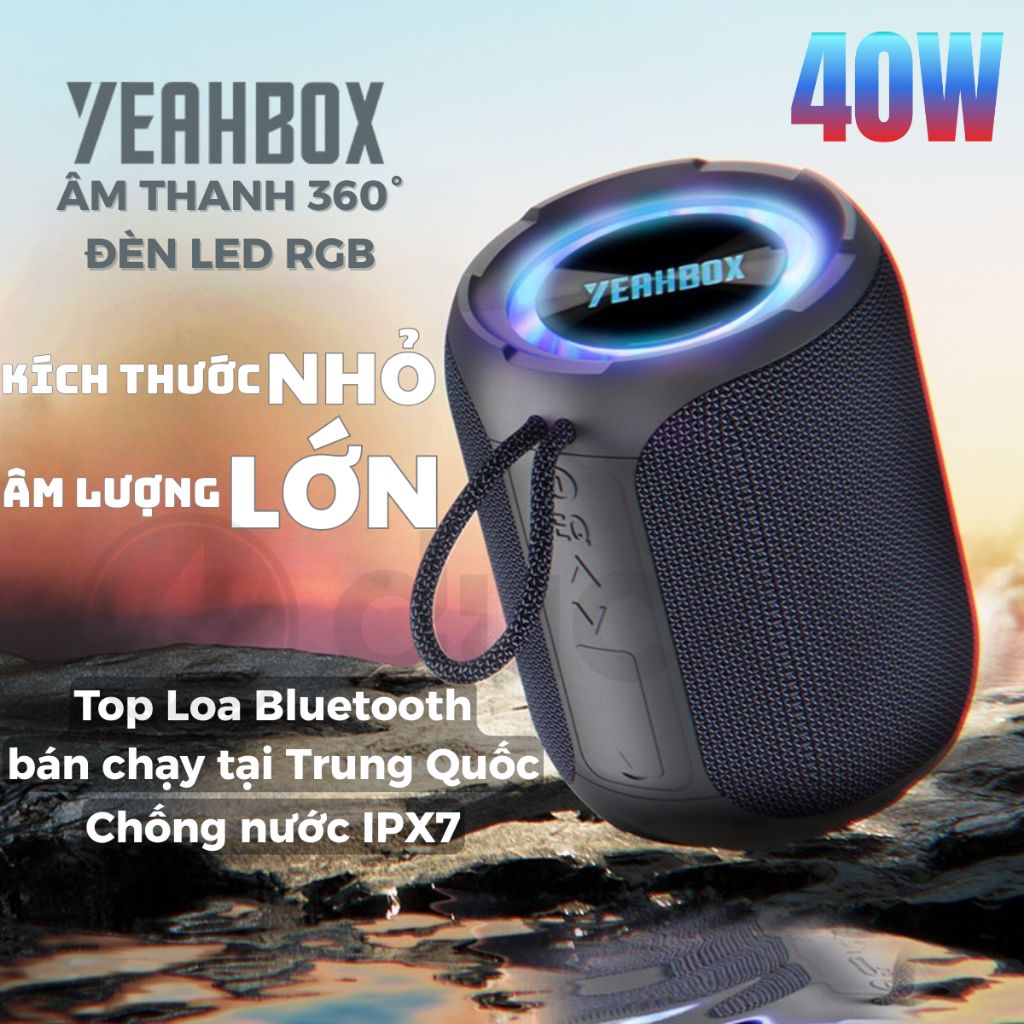 Loa Bluetooth Bass Mạnh YEAHBOX A8 40w Công Suất lớn, Đèn RGB, Chống Nước IPX7. Chính hãng BH 12T