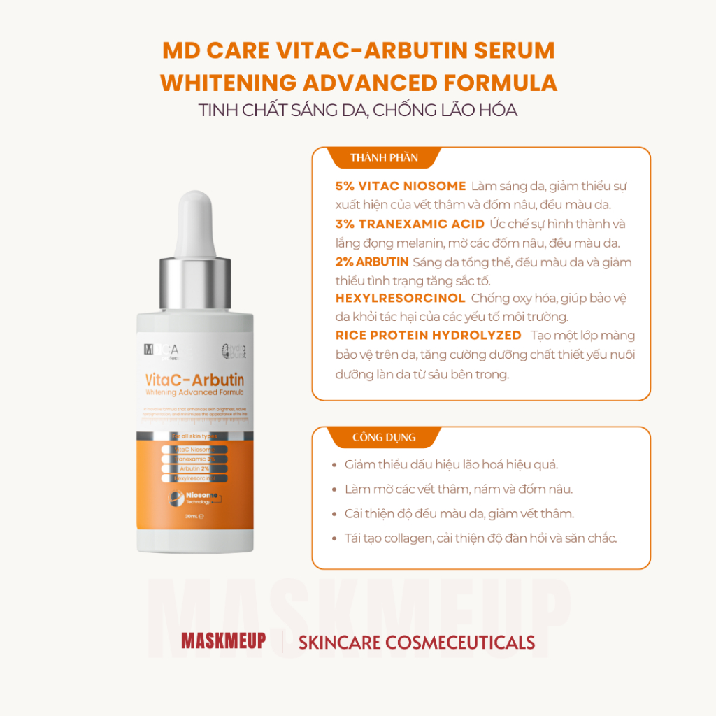 Serum Sáng Da, Chống Lão Hoá MD CARE VitaC-Arbutin Serum - Whitening Advanced Formula 30ml