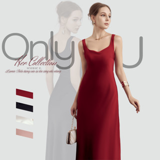 Váy lụa chất liệu cao cấp thiết kế cổ vuông bo cong nhẹ đầy nữ tính và thanh lịch Only U - OV02