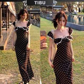 Đầm thời trang nữ chất lụa ý tay cánh tiên  cổ vuông có mút váy xòe dáng dài họa tiết chấm bi mẫu mã xinh xắn