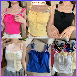  Áo 2 Dây Đính Nơ Caro Croptop Có Mút Vải Bozip Co Giãn Mềm Mịn Dáng Ôm 