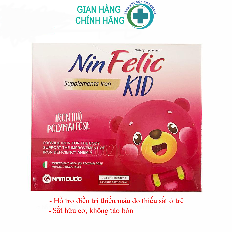 Ninfelic Kid Sắt hữu cơ siro dạng ống Nam dược hộp 20 GÓI. Nin Felic