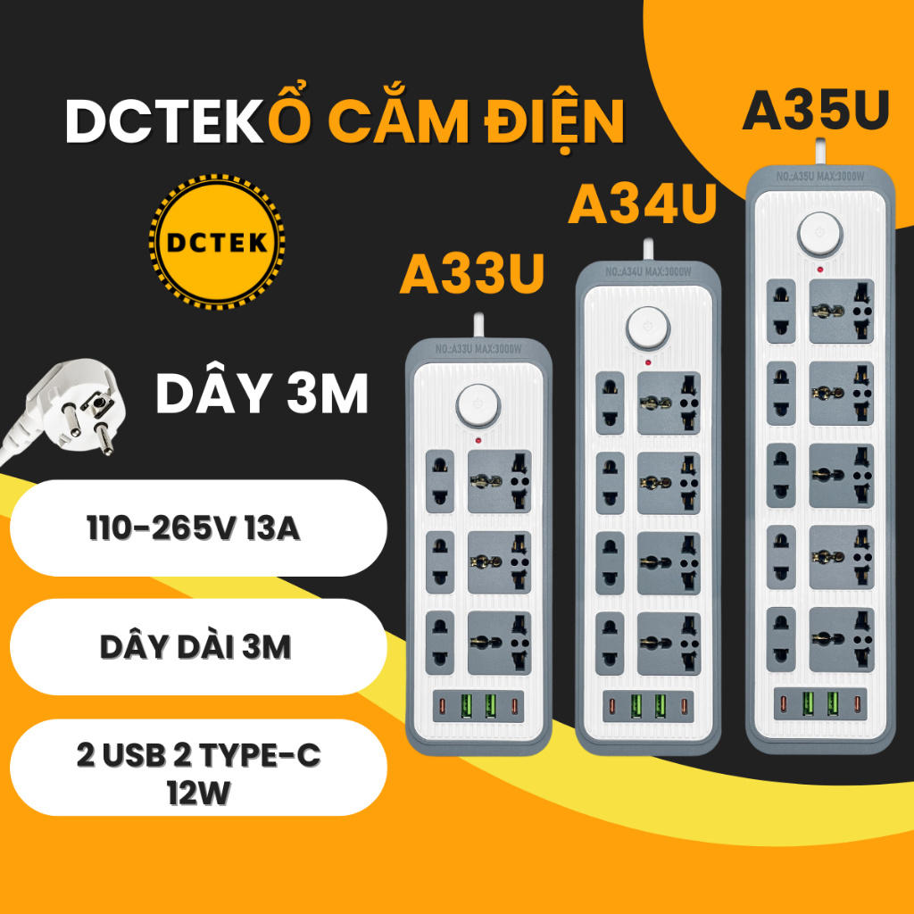 Ổ cắm DCTEK A33 A34 A35 Nhiều Lỗ Cắm 2 USB 2 Type-C Dây Dài 3M Tiện Lợi Cho Gia Đình