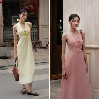 Đầm linen Brise Dress yếm buộc dây dáng dài tôn eo | Lameris