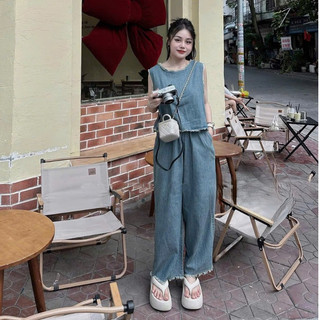  Set bộ nữ thời trang set jean áo ba lỗ form rộng phối quần suông tua line cá tính năng động cho nàng đi chơi dạo phố 
