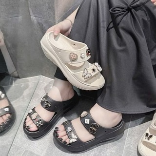  Dép bánh mì hai quai nữ đế cao 7cm tôn dáng đính kèm cham đá xinh thời trang 