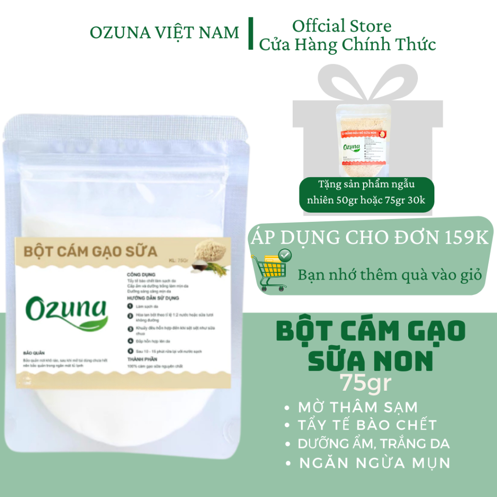 Bột cám gạo sữa non 250g nguyên chất hữu cơ Ozuna trắng da, dưỡng ẩm, mờ thâm sạm