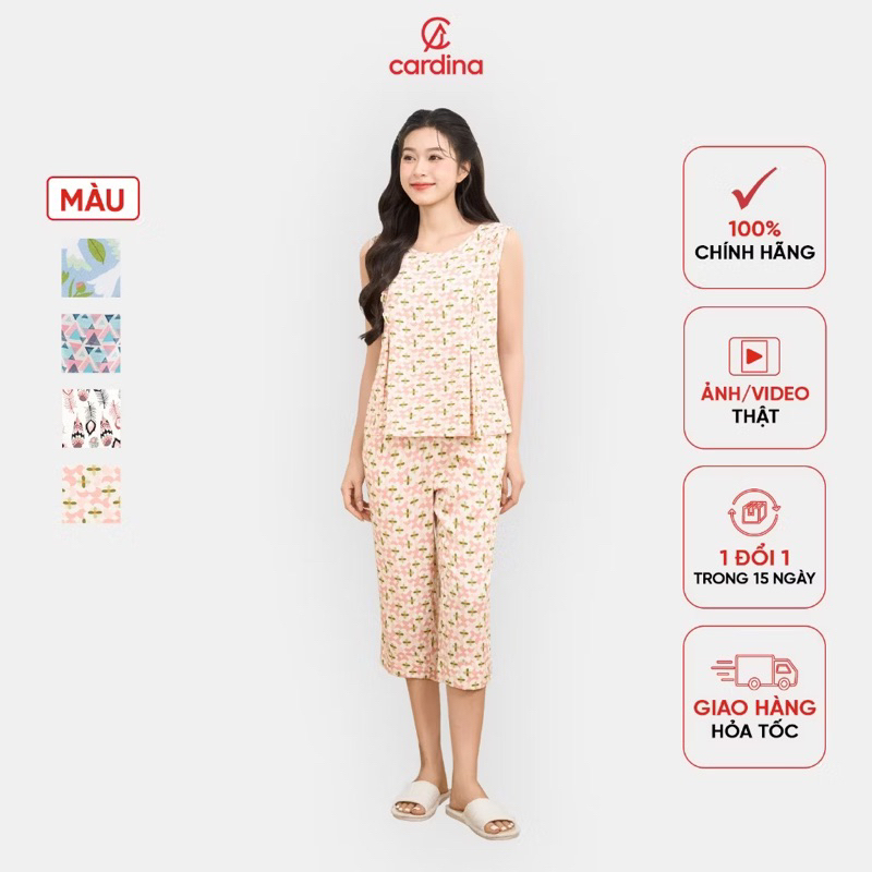 5BLL03 Bộ đồ mặc nhà nữ CARDINA tay ngắn chất lanh phối ngực họa tiết 5BLL03