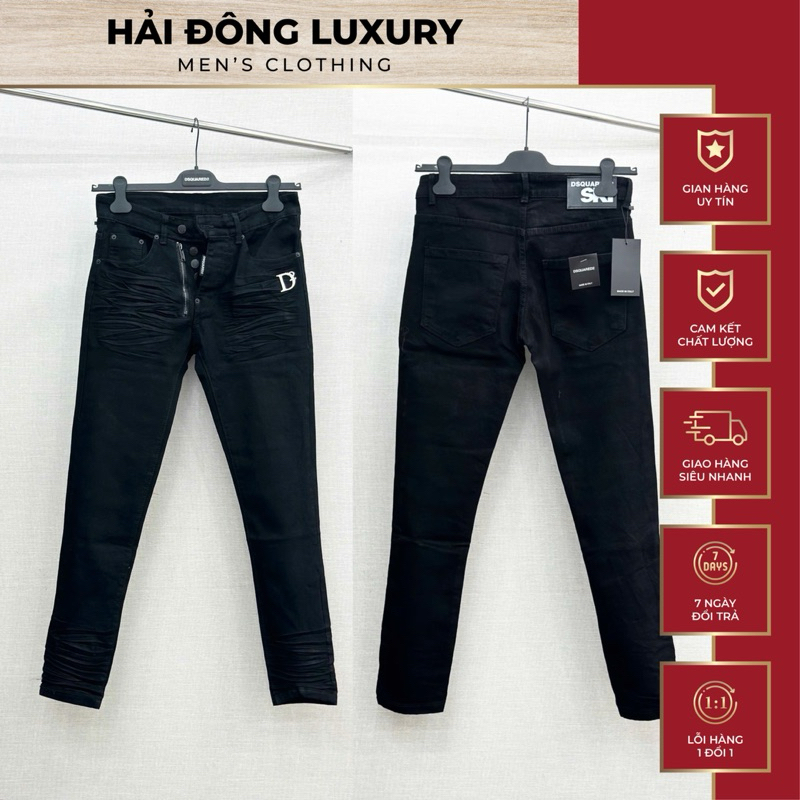 Quần Jean DSQ Đen Trơn Tag D2 Đính Siêu Đẹp,Ống Biker Nhăn,Đứng Dáng Chuẩn Fom