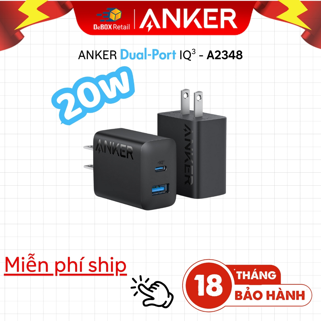 Củ Sạc Nhanh ANKER 20W 2 cổng USB-A & USB-C, sạc đồng thời 2 thiết bị, thích hợp  cho iPhone, iPad, 