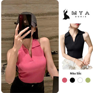 Áo Polo len hè nữ cổ V, áo len mỏng có cổ nữ sát nách MYA dệt kim vintage cao cấp