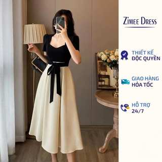  Váy Liền Thân Dài Cổ Vuông Tay Bồng Ngắn Buộc Nơ Chiết Eo Buno Dress  S->XL  