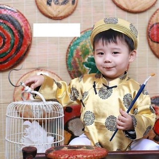  Áo dài bé trai Vàng đồng truyền thống Gấm thái tuấn  Gồm áo + quần + nón  