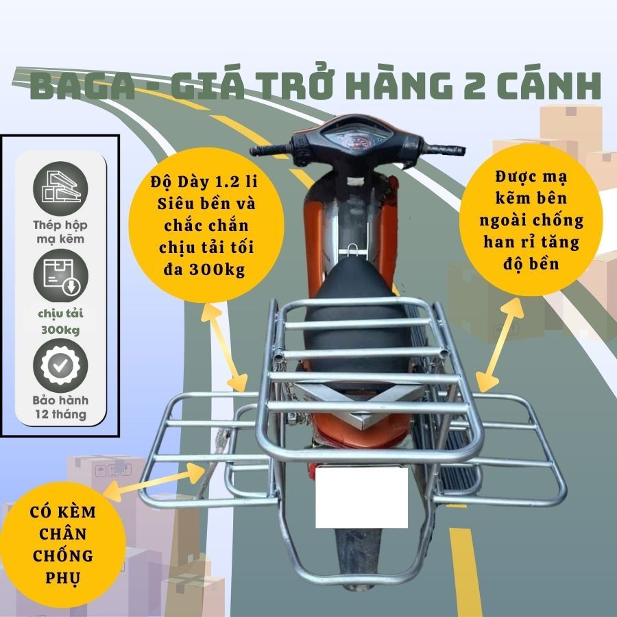 Giá chở hàng xe máy, baga chở hàng xe máy 2 cánh đa năng, kệ chở hàng xe máy ống tuýp D21 mạ kẽm bền bỉ