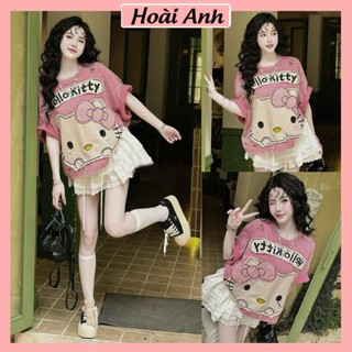 Áo Phông Hồng Loang Thêu Mèo Hello Kitty Kim Sa Nổi Áo Thun Nữ Form Rộng Thụng Dấu Quần