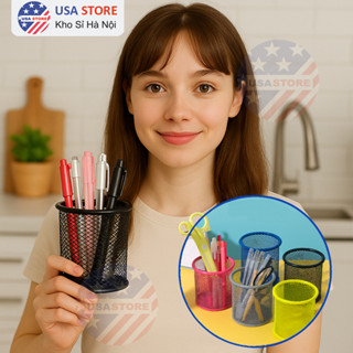 Hũ Giỏ Đựng Bút Lưới Sắt Để Bàn - Ống Lọ Cắm Bút Kim Loại Văn Phòng Phẩm (Chọn Màu)