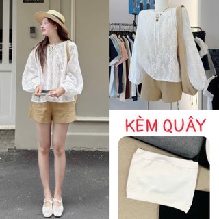   KÈM QUÂY  Áo babydoll thô thêu hoa nổi tay bồng cổ V nơ SUMIISHOP mã SET05 