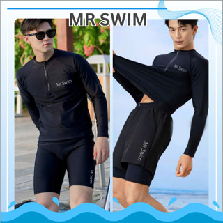 Bộ đồ bơi nam Mr Swim giữ nhiệt đi biển quần 2 lớp áo Khóa kéo tay dài và tay ngắn màu đen phong cách thể thao 002
