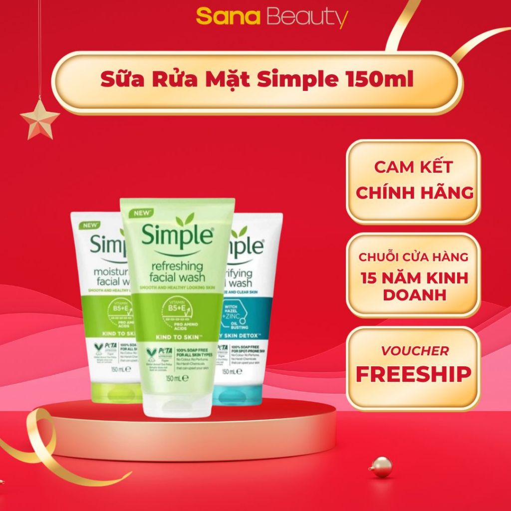 Sữa rửa mặt Simple, Srm Simple dạng gel dịu nhẹ cho da dầu mụn, da khô, da nhạy cảm - Sana Beauty