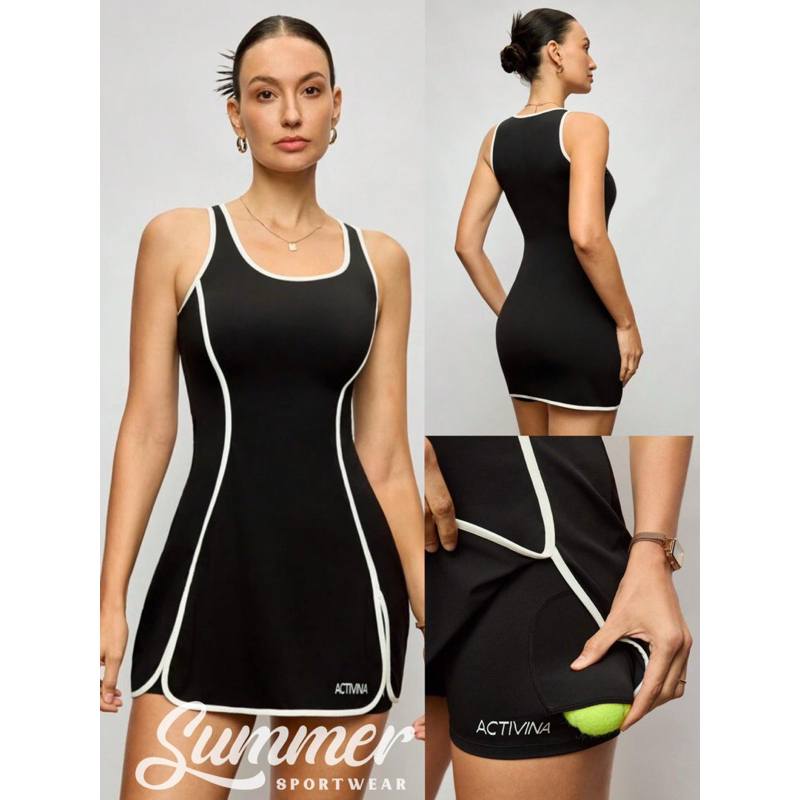 Váy liền thân 2 dây body đen viền trắng thời trang thể thao pickleball , tennis , golf , cầu lông