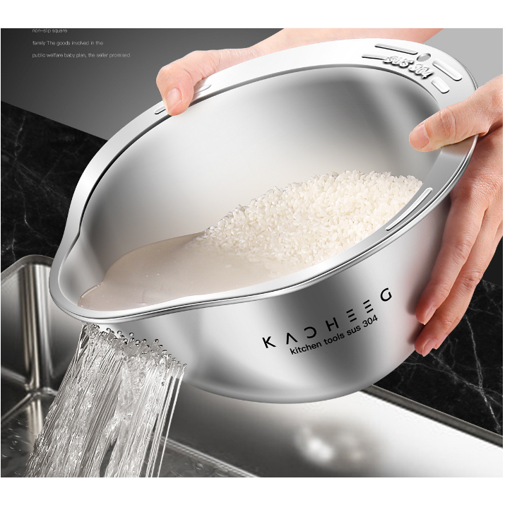 Rổ rá vo gạo inox 304 cao cấp thoát nước lọc sạn rửa trái cây rau củ 24cm Kacheeg Đức