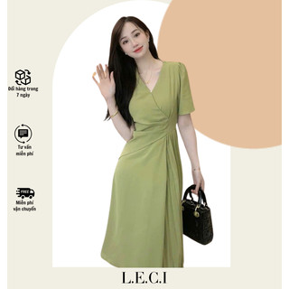 Đầm công sở xếp ly dáng xòe ba màu đen, kem và xanh bơ , váy xòe xếp ly đơn giản cổ V tay phồng tôn dáng LX005