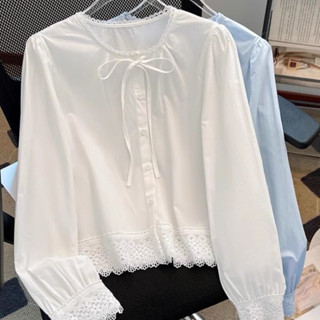  【ẢNH THẬT Áo sơ mi nữ cổ tròn dài tay REN HOA buộc nơ mẫu trơn 2 màu xanh-trắng 