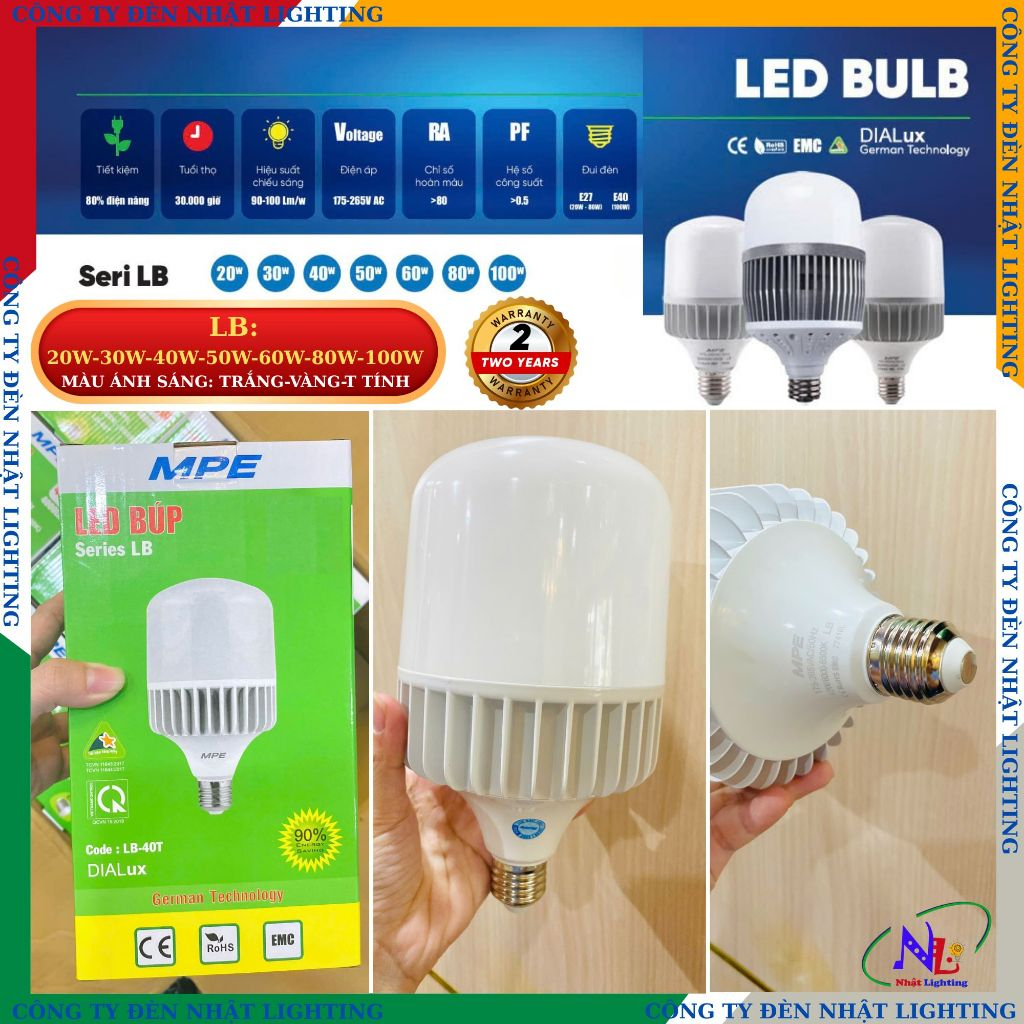 [ CTY NHẬT LIGHTING ]Bóng Led Bulb thân nhôm MPE LB-60W, 80W, 100W chính hãng lắp nhà xưởng, quán co