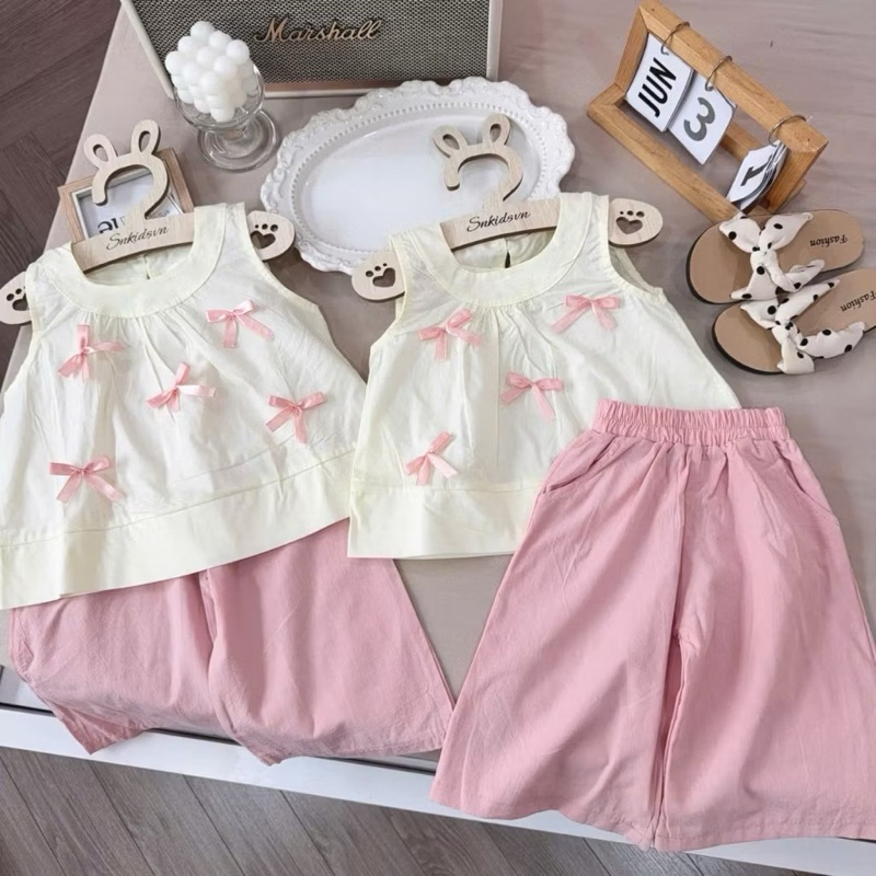 SN17, Bộ quần aod bé gái, Set áo sát nách nơ hồng quần ống rộng cho bé gái