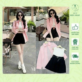Set 3 món áo khoác sơ mi vải tơ hồng + áo sát nách trắng + quần short kaki đen nữ tính & năng động