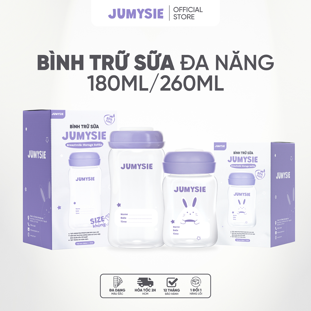 Bình Trữ Sữa Jumysie 180ml 260ml - Cổ Rộng An Toàn Nắp Chống Sinh Khí Bảo Quản Sữa Mẹ 
