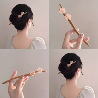  Trâm cài tóc thân gỗ nâu trâm gỗ búi tóc đính hoa cho nữ 