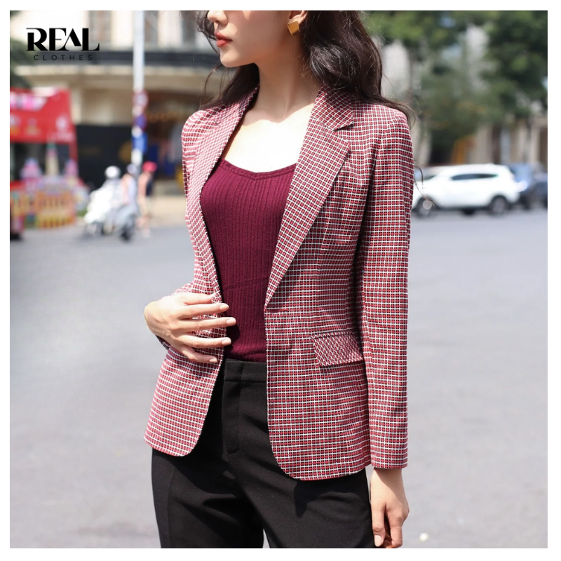 Blazer công sở dáng ôm caro đỏ REAL CLOTHES (tổng hợp màu), ít nhăn