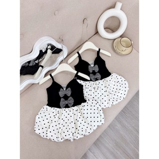 Váy 2 dây chấm bi Poba Kids (M-178) cho bé gái. Thiết kế đính nơ, phom bí ngô, tùng váy chấm bi