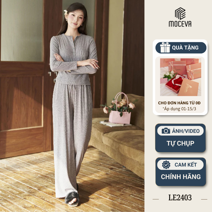 Bộ đồ ngủ mặc nhà Mộc Eva màu ghi len lông thỏ mịn màng màu xám tay dài quần dài trẻ trung LE2403