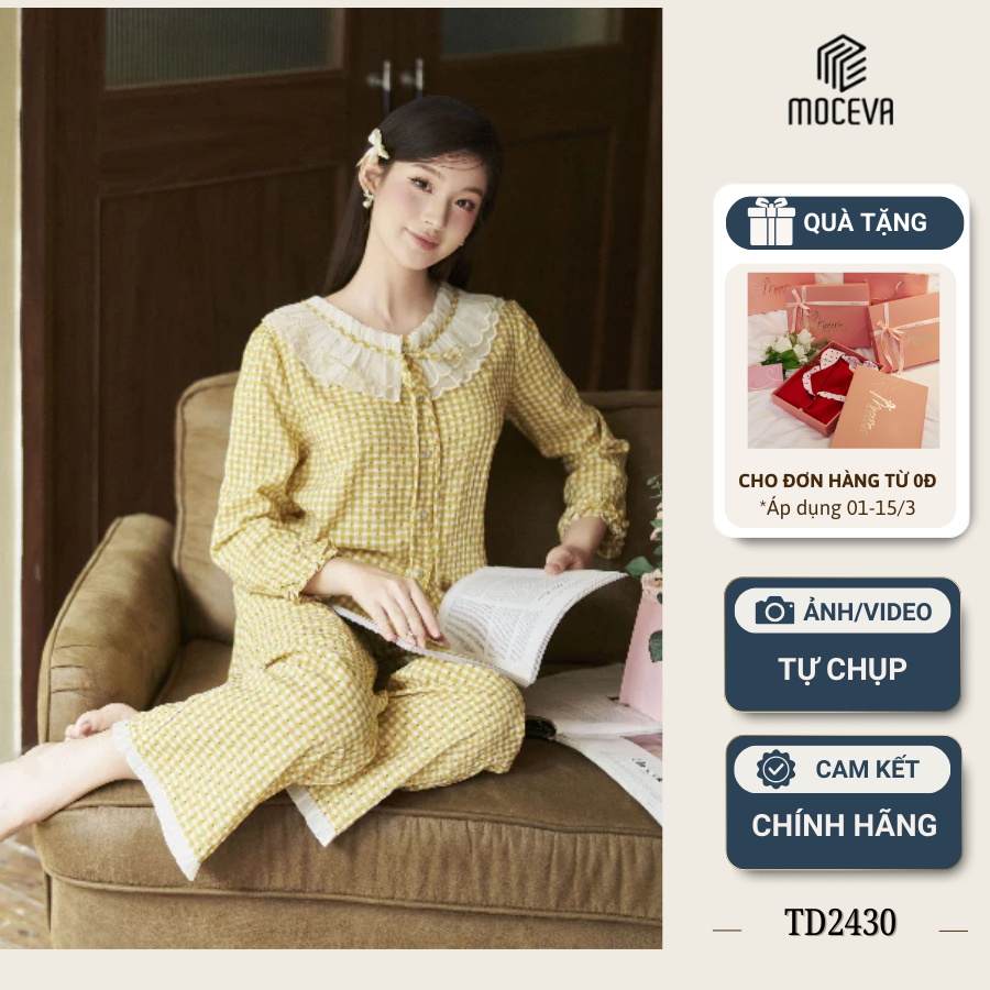 Bộ đồ ngủ mặc nhà Mộc Eva thô kate hàn caro quần dài tay dài cổ kiểu màu vàng xinh xắn TD2430