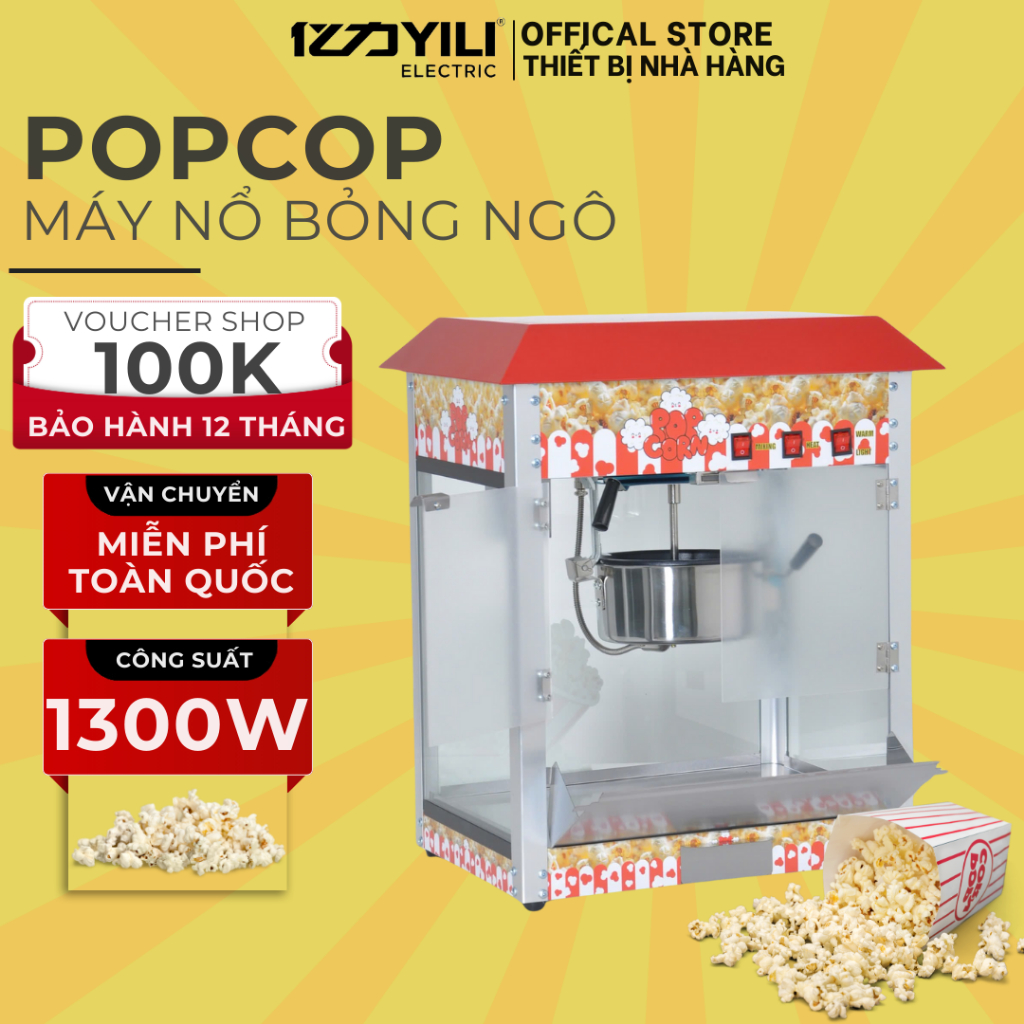 Máy Nổ Bỏng Ngô Bằng Điện, Máy Làm Bắp Rang Bơ 1300W Tủ Kính Bảo Hành 12 Tháng