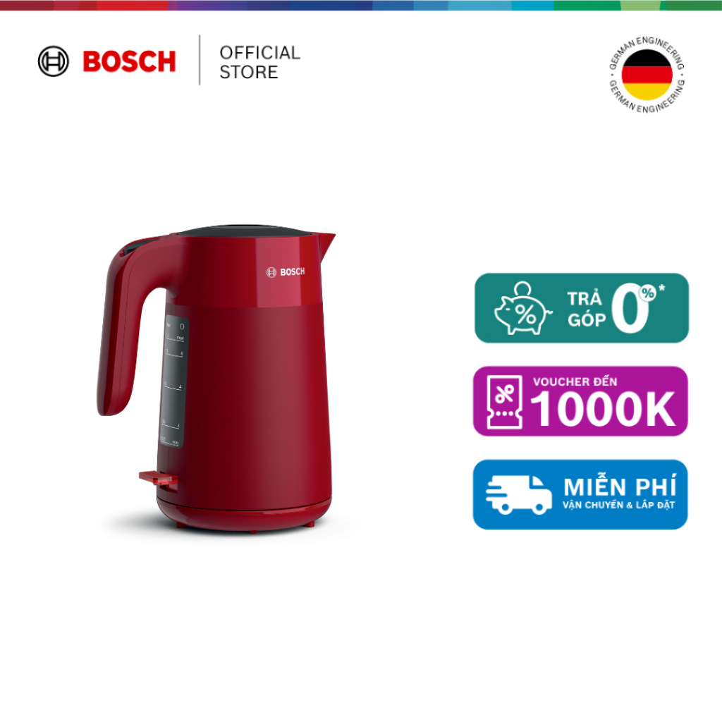 15.07 - 19.07 | Voucher Shopee lên đến 3tr | Ấm đun siêu tốc Bosch TWK2M164 (2400W, đỏ) - Hàng chính