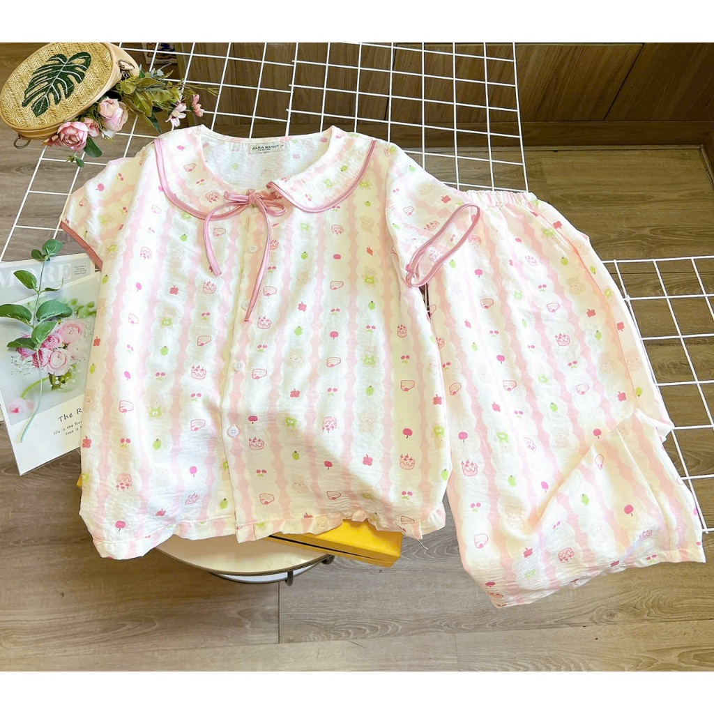 Bộ ngủ cộc tay áo cổ sen dễ thương Cotton, Xô muslin, Lụa, Đũi, Tôn, Lanh, Kate thô DBTK