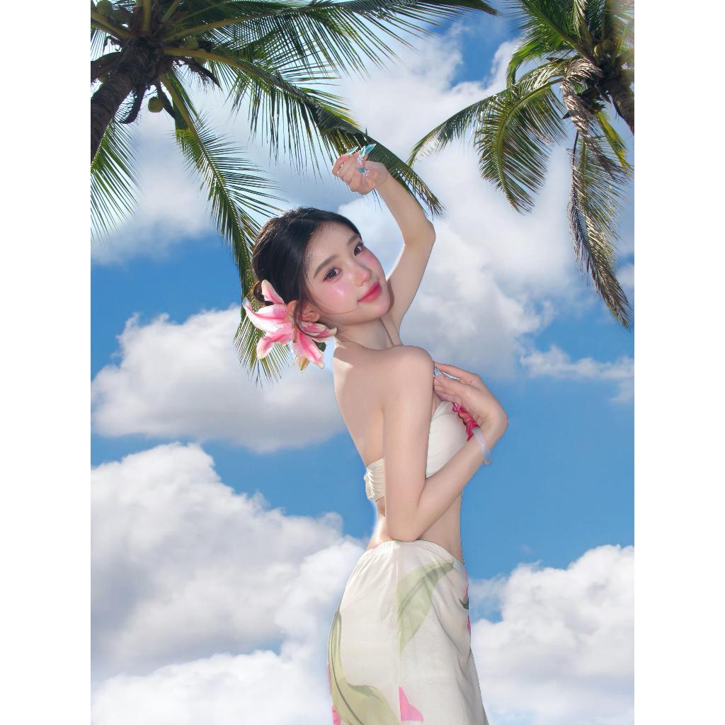 Bikini 2 chi tiết đi biển áo đính hoa kèm chân váy dài, Set váy đi biển vibe nàng thơ dễ thương hottrend - SV03 | BigBuy360 - bigbuy360.vn